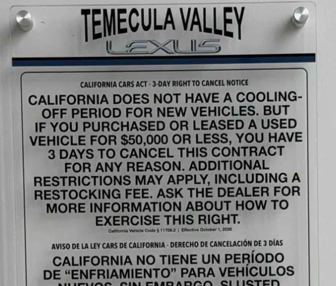 Clear acrylic sales-office panel with the new California CARS Act 3-day right to cancel notice