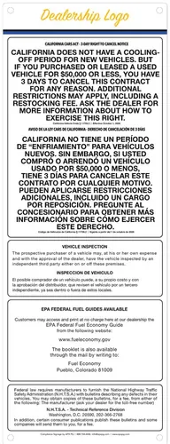 Sample slim disclosure panel with the CARS Act 3-day right to cancel notice in English and Spanish and vehicle-inspection, EPA fuel economy and service-bulletin notices