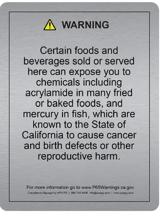 Sample Prop 65 food and beverage warning on brushed aluminum