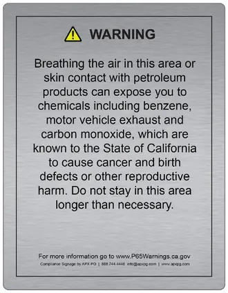 Sample Prop 65 vehicle repair area warning on brushed aluminum