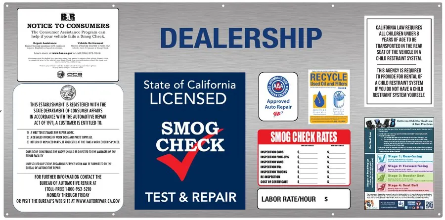 Sample brushed-aluminum service department board with repair-dealer, Smog Check, price list, consumer assistance and child-seat notices