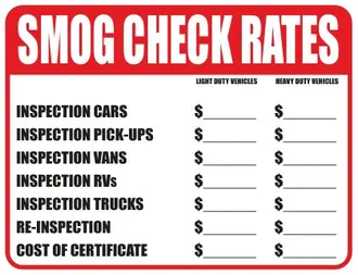 Sample Smog Check rates price list